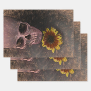 Skull Yellow Sunflower Gothic  Sepia Sketch Inpakpapier Vel
