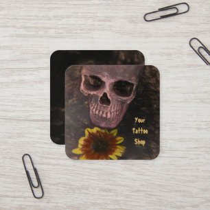 Skull Yellow Sunflower Gothic  Sepia Sketch Vierkante Visitekaartje