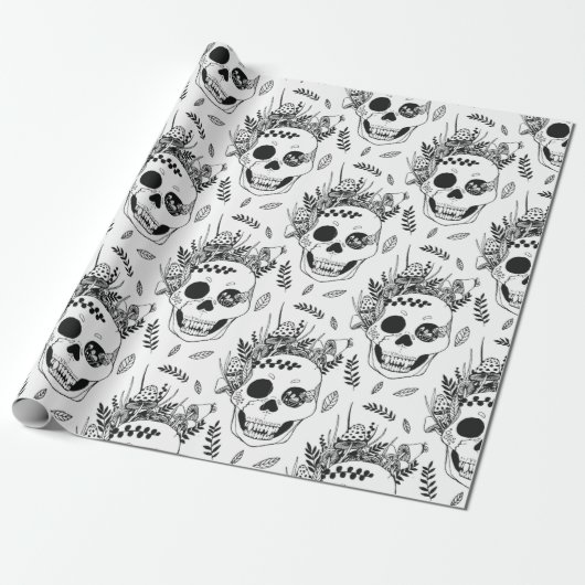 Skulls and Mushrooms Halloween cute spooky pattern Cadeaupapier (Uitgerold)