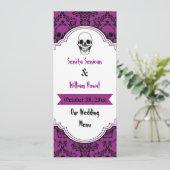 Skulls damask black, paarse trouwmenukaart menu (Staand voorkant)