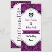 Skulls damask black, paarse trouwmenukaart menu (Voorkant / Achterkant)