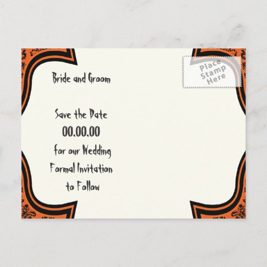 Skulls damask oranje zwarte Halloween Save the Dat Aankondigingskaart (Achterkant)