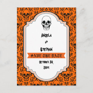 Skulls damask oranje zwarte Halloween Save the Dat Aankondigingskaart