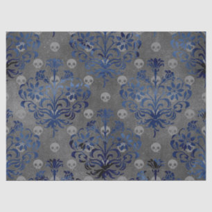 Skulls en Blue Damask op Grey Decoupage Tissuepapier