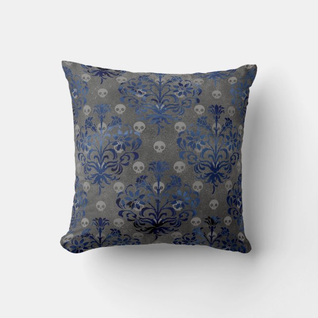 Skulls en Blue Damask op Grey Kussen (Voorkant)