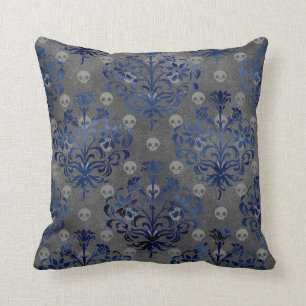 Skulls en Blue Damask op Grey Kussen