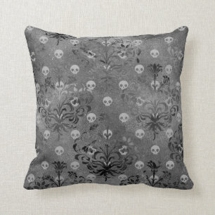 Skulls en Charcoal Damask op Grey Kussen