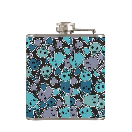 Skulls en harten op zwarte achtergrond 2 heupfles (Achterkant)