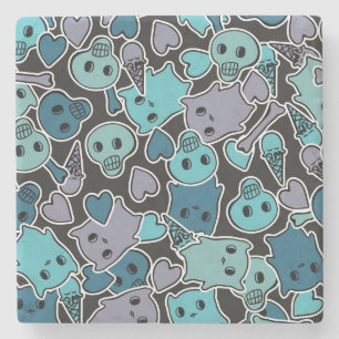 Skulls en harten op zwarte achtergrond 2 stenen onderzetter