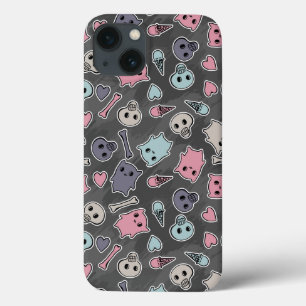 Skulls en harten op zwarte achtergrond iPhone 13 hoesje