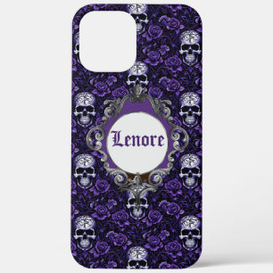 Skulls en Purple Flowers iPhone 12 Pro Max Hoesje