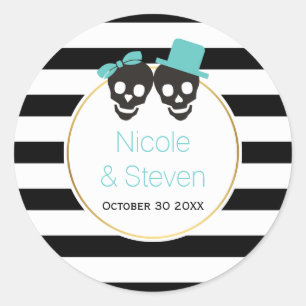 Skulls en strepen aqua blue Halloween bruiloft Ronde Sticker