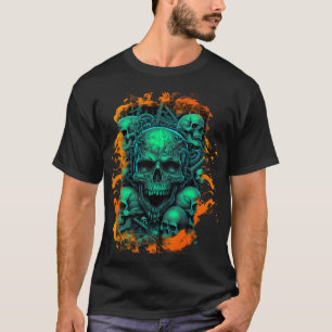 Skulls Flames Enge Groene Kleur Gotische Biker T-shirt