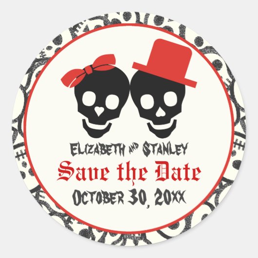 Skulls Halloween red black bruiloft Save the Date Ronde Sticker (Voorkant)