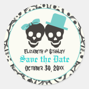 Skulls Halloween Turquoise bruiloft Save the Date Ronde Sticker