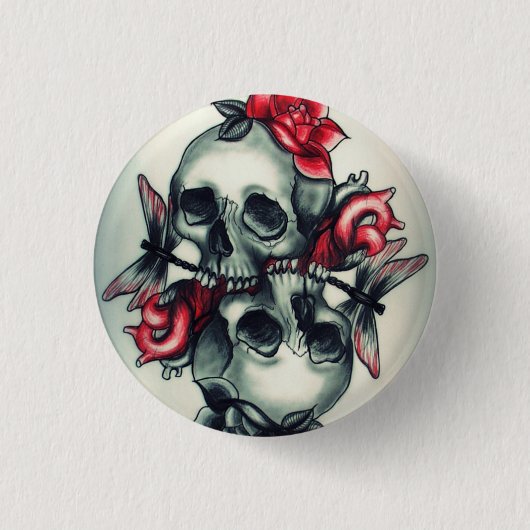 Skulls met Rozen en Dragonfly Round Button (Voorkant)
