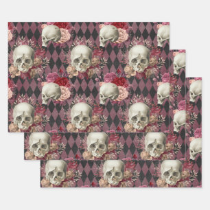 Skulls met Rozen en Roze Paars Gecontroleerd Inpakpapier Vel
