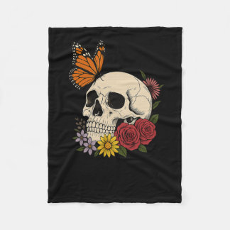 Skulls Monarch Butterfly Flowers Halloween Men Wom Fleece Deken