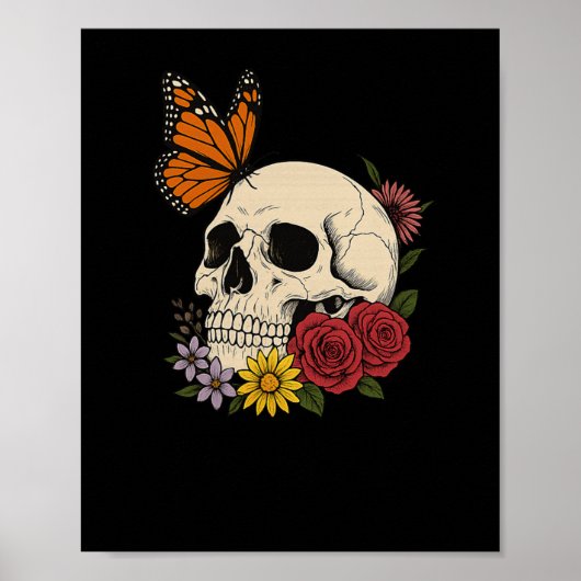 Skulls Monarch Butterfly Flowers Halloween Men Wom Poster (Voorkant)