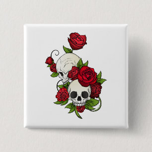 Skulls Rozen Día de Muertos Vierkante Button 5,1 Cm
