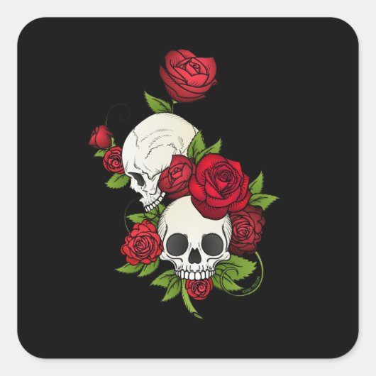 Skulls Rozen Día de Muertos Vierkante Sticker (Voorkant)