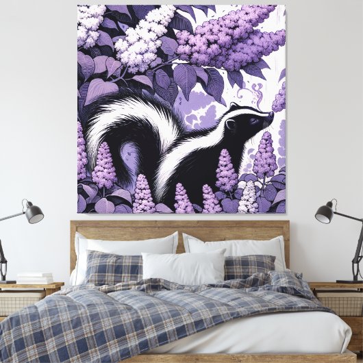 Skunk Skunks en Lila Struik Paarse Canvas Afdruk (Insitu (Slaapkamer))