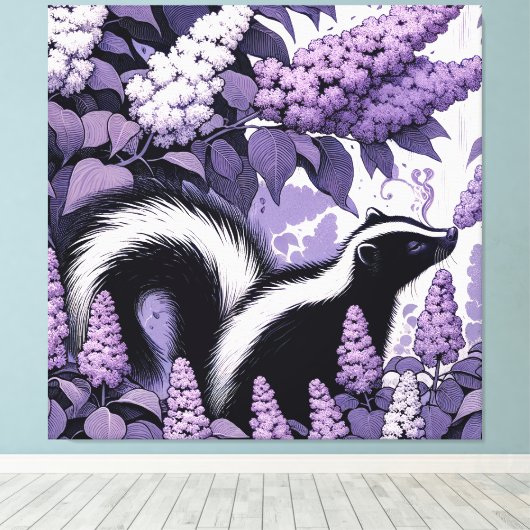 Skunk Skunks en Lila Struik Paarse Canvas Afdruk (Insitu (Houten vloer))