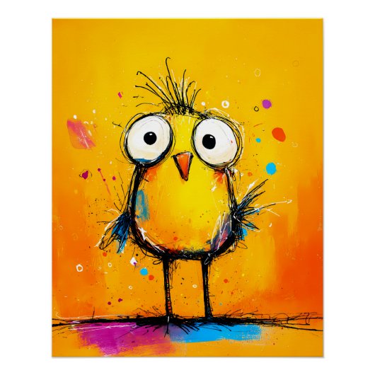 Skurriler gelber Vogel mit großen Augen Comic Stil Perfect Poster (Voorkant)