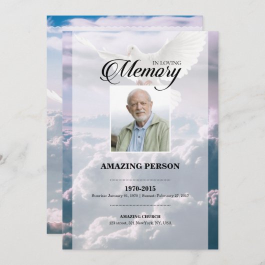 Sky and Dove Funeral Kaart Sjabloon (Voorkant / Achterkant)