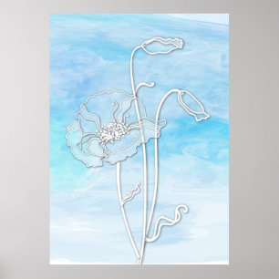 Sky Blue Abstracte Waterverf en Poppies 2 Poster