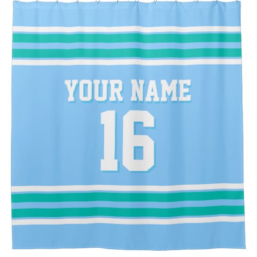 Sky Blue Blauwgroen White Stripes Sporttrui Douchegordijn (Voorkant)