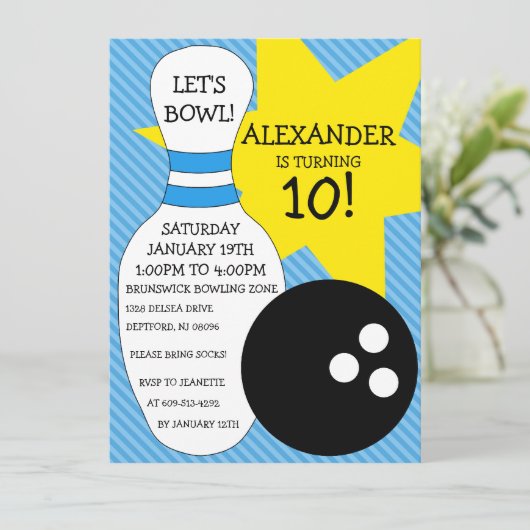 Sky Blue Bowling Bash Bowling Birthday Party Kaart (Staand voorkant)