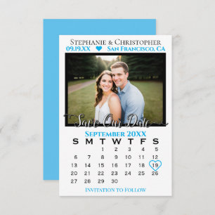 Sky Blue Calendar & Photo Wedding Save Our Date Kaart