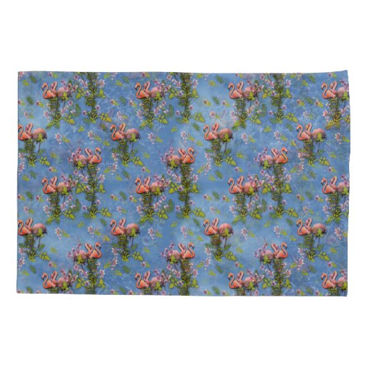 Sky blue cloudy and Flamingo's Repeat Print Kussensloop (Achterkant)
