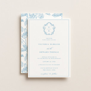 Sky Blue Crest Monogram Huwelijk Kaart