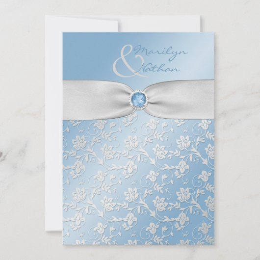 Sky Blue en Silver Floral Wedding Invitation Kaart (Voorkant)