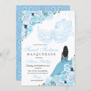 Sky Blue Floral Masquerade Sweet 16 Invitation