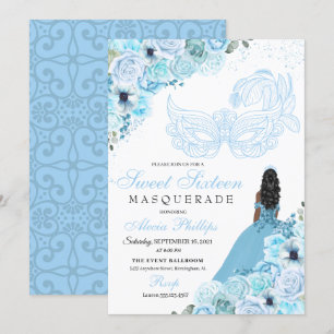 Sky Blue Floral Masquerade Sweet 16 Uitnodiging