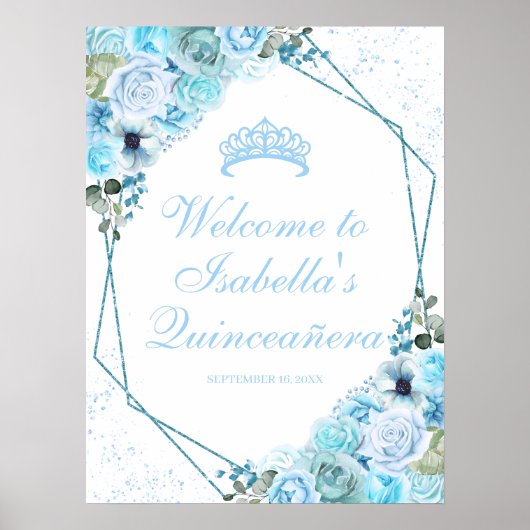Sky Blue Floral Quinceanera Affiche de bienvenue (Devant)