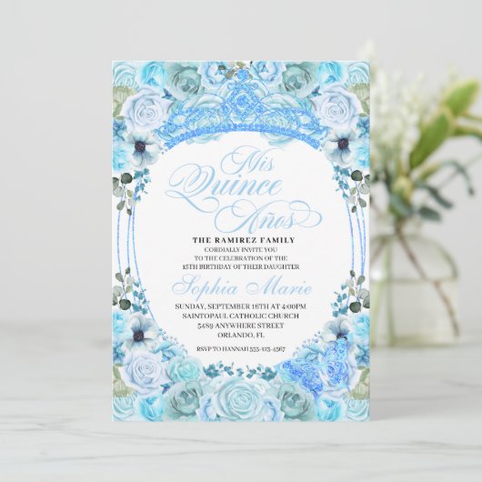 Sky Blue Floral Quinceanera Invitation Anniversair (Debout devant)