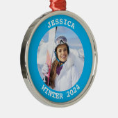 Sky Blue Gepersonaliseerde Ronde Familiefoto Metalen Ornament (Rechts)