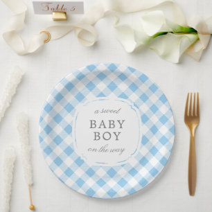 Sky Blue Gingham Plaid Sweet Baby Boy Papieren Bordje