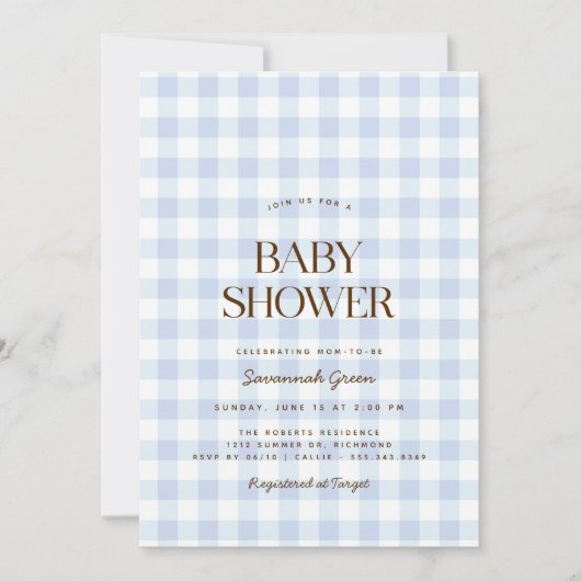 Sky Blue Gingham | Zomer picknick Baby shower Kaart (Voorkant)