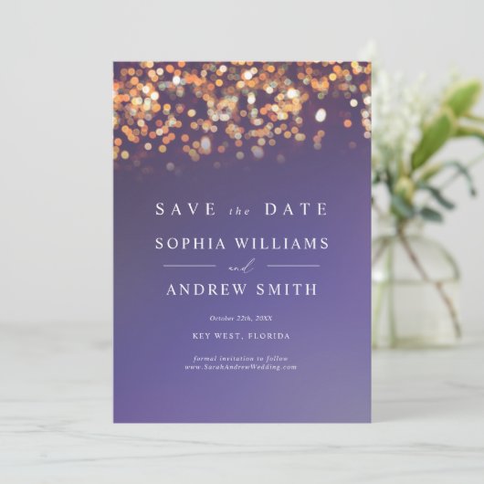 Sky Blue & Gold Enregistrer la date Invitation (Debout devant)