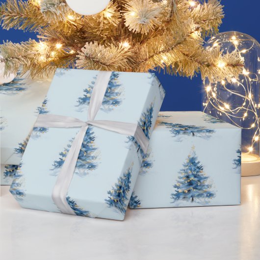 Sky Blue Gold kerstbomen Cadeaupapier (Feestdagen)