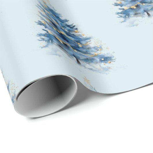 Sky Blue Gold kerstbomen Cadeaupapier (Rol Hoek)
