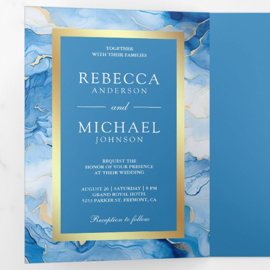 Sky Blue Gouden Vloeibare Inkt QR Code Bruiloft Drieluik Uitnodiging (Binnenzijde eerst)