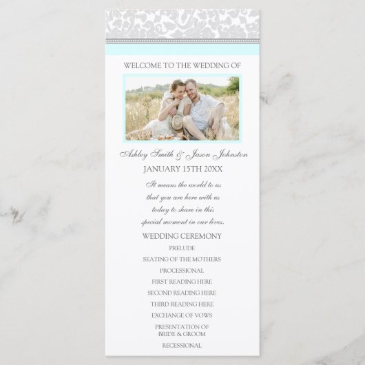 Sky Blue Grey Damask Photo Wedding Programme (Devant)