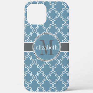 Sky Blue Grey White Moroccan Quatrefoil Monogram iPhone 12 Pro Max Hoesje