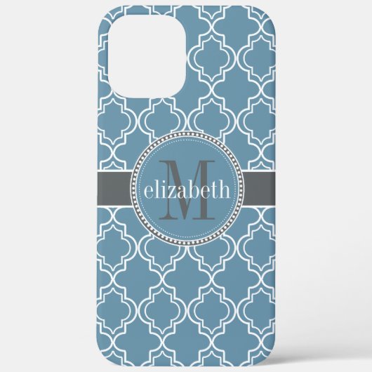 Sky Blue Grey White Moroccan Quatrefoil Monogram Case-Mate iPhone Case (Achterkant)